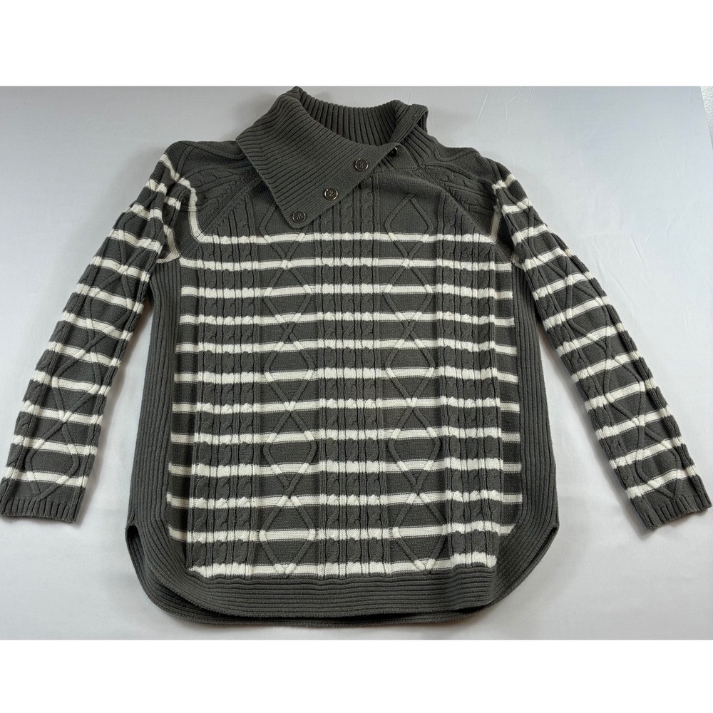 Croft & Barrow Sweater Womens 1X Gray White Striped Button Neck Cable Knit
